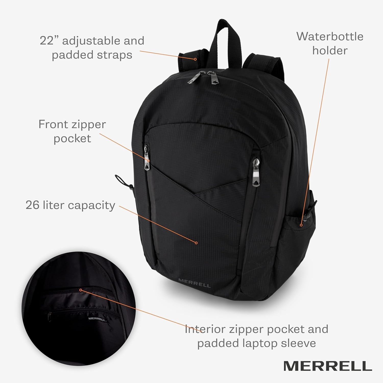 image:imageMerrell Eclipse Backpack Lightweight Pack with Water Bottle Holder amp Pockets MultiUseBlack