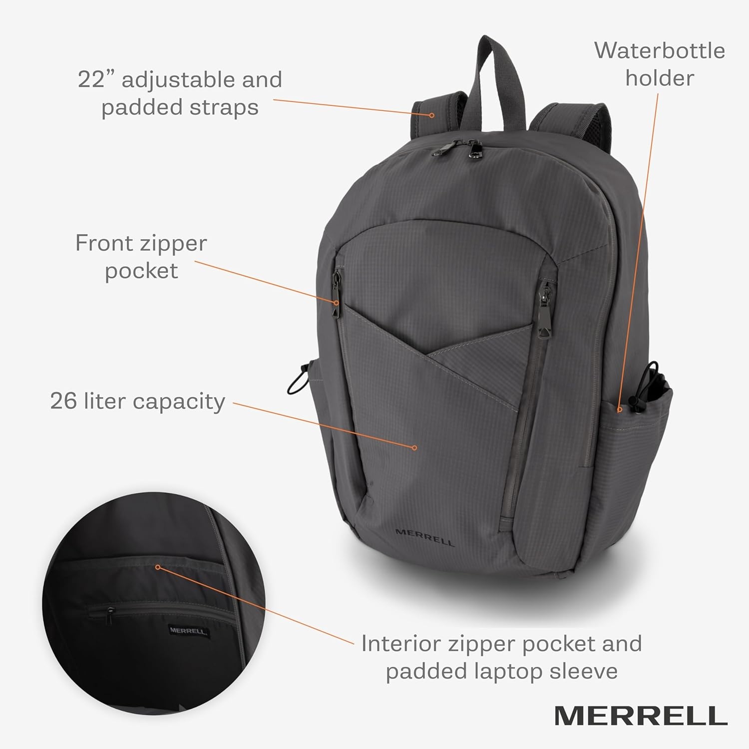 image:imageMerrell Eclipse Backpack Lightweight Pack with Water Bottle Holder amp Pockets MultiUseGray Drizzle
