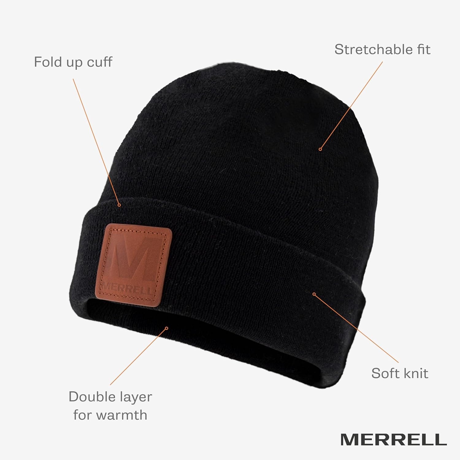 image:imageMerrell Unisex Adult Gannet Hat with Leather Patch Rib Knit Beanie with Cuff for Warmth amp AdventureBlack