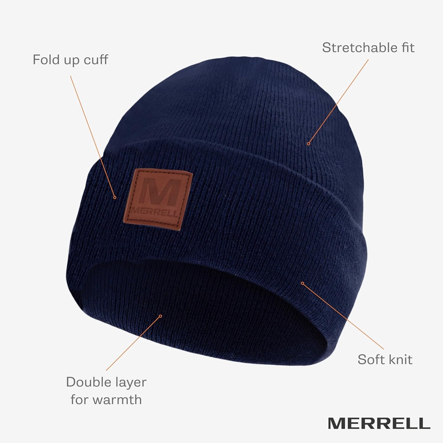 image:imageMerrell Unisex Adult Gannet Hat with Leather Patch Rib Knit Beanie with Cuff for Warmth amp AdventureNavy Night