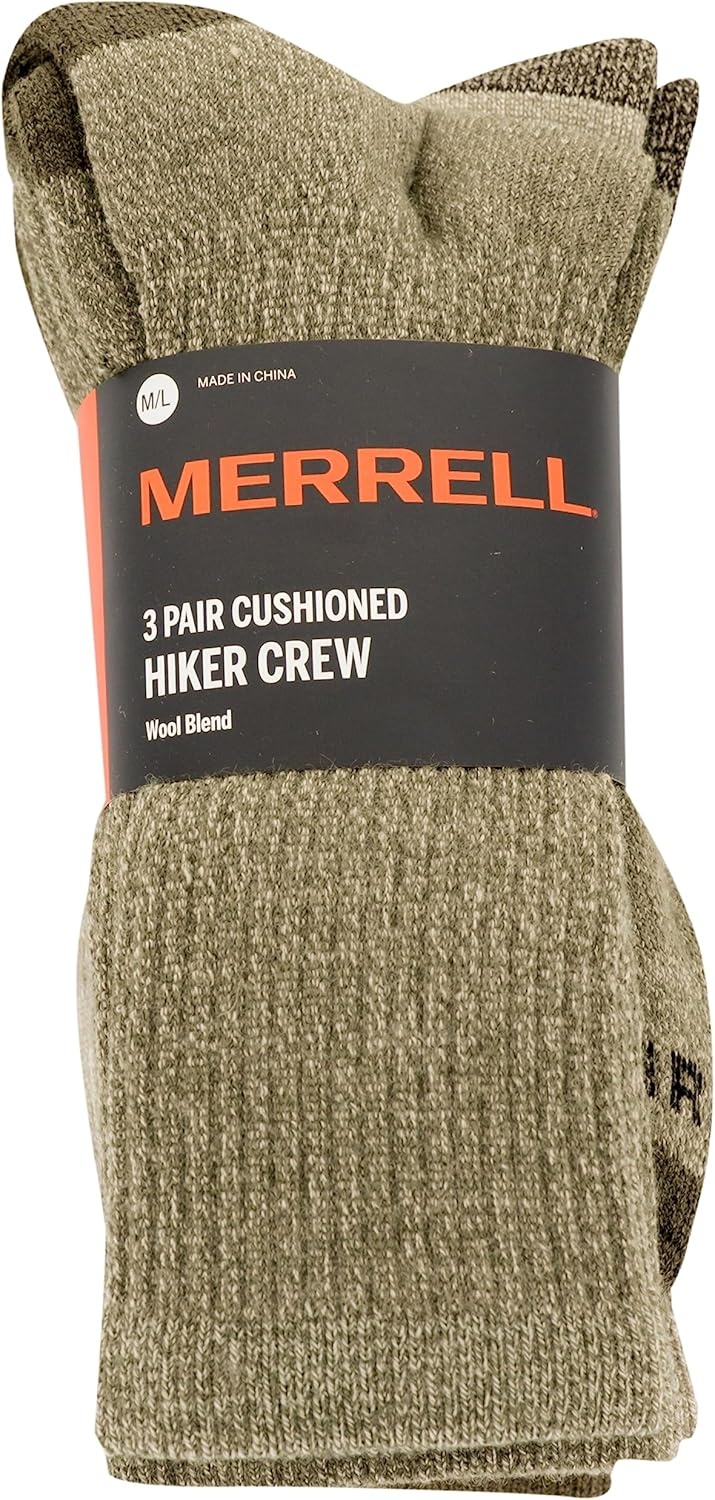 image:imageMerrell Unisex Adult Wool Hiking Crew Socks 3PackOlive Assorted 3 Pairs
