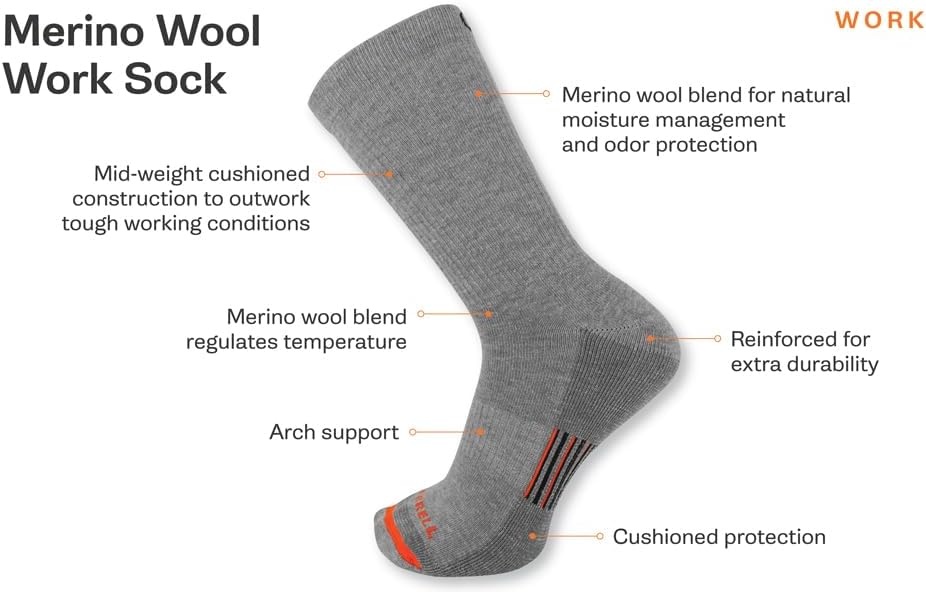 image:imageMerrell unisexadult Mens and Womens Merino Wool Work Crew Socks 3 Pairs Arch SupportBrown 6 Pairs
