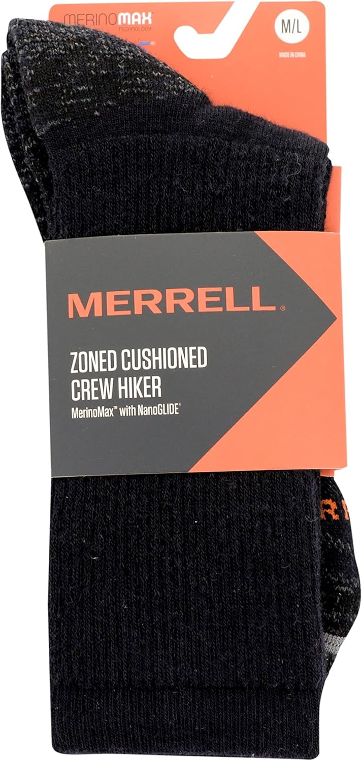 image:imageMerrell unisexadult Mens and Womens Zoned Cushioned Wool Hiking Crew Socks Breathable Arch SupportBlack