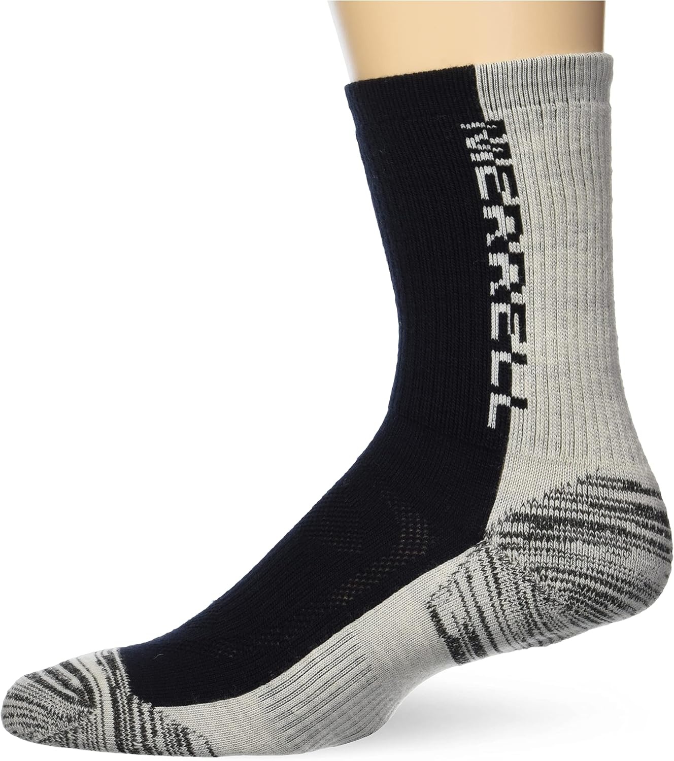 image:imageMerrell unisexadult Mens and Womens Zoned Cushioned Wool Hiking Crew Socks Breathable Arch SupportBlackWhite Logo