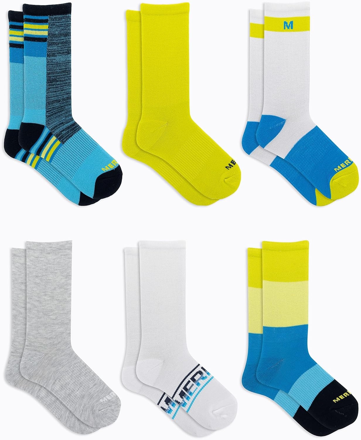 image:imageMerrell Kids Everyday Half Cushion Crew Socks 6 Pair Pack Reinforced Heel and ToeBlue White Assorted
