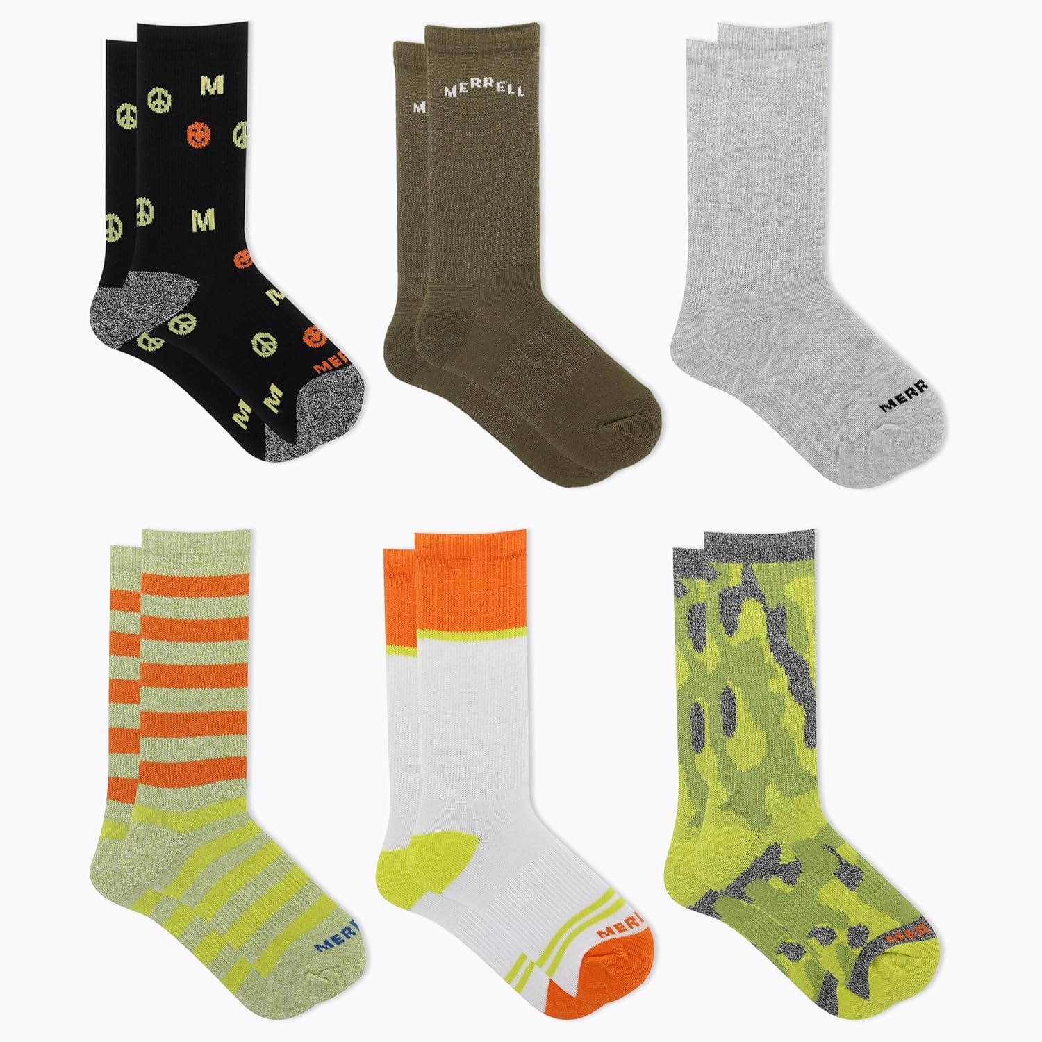 image:imageMerrell Kids Everyday Half Cushion Crew Socks 6 Pair Pack Reinforced Heel and ToeGreen Orange Assorted