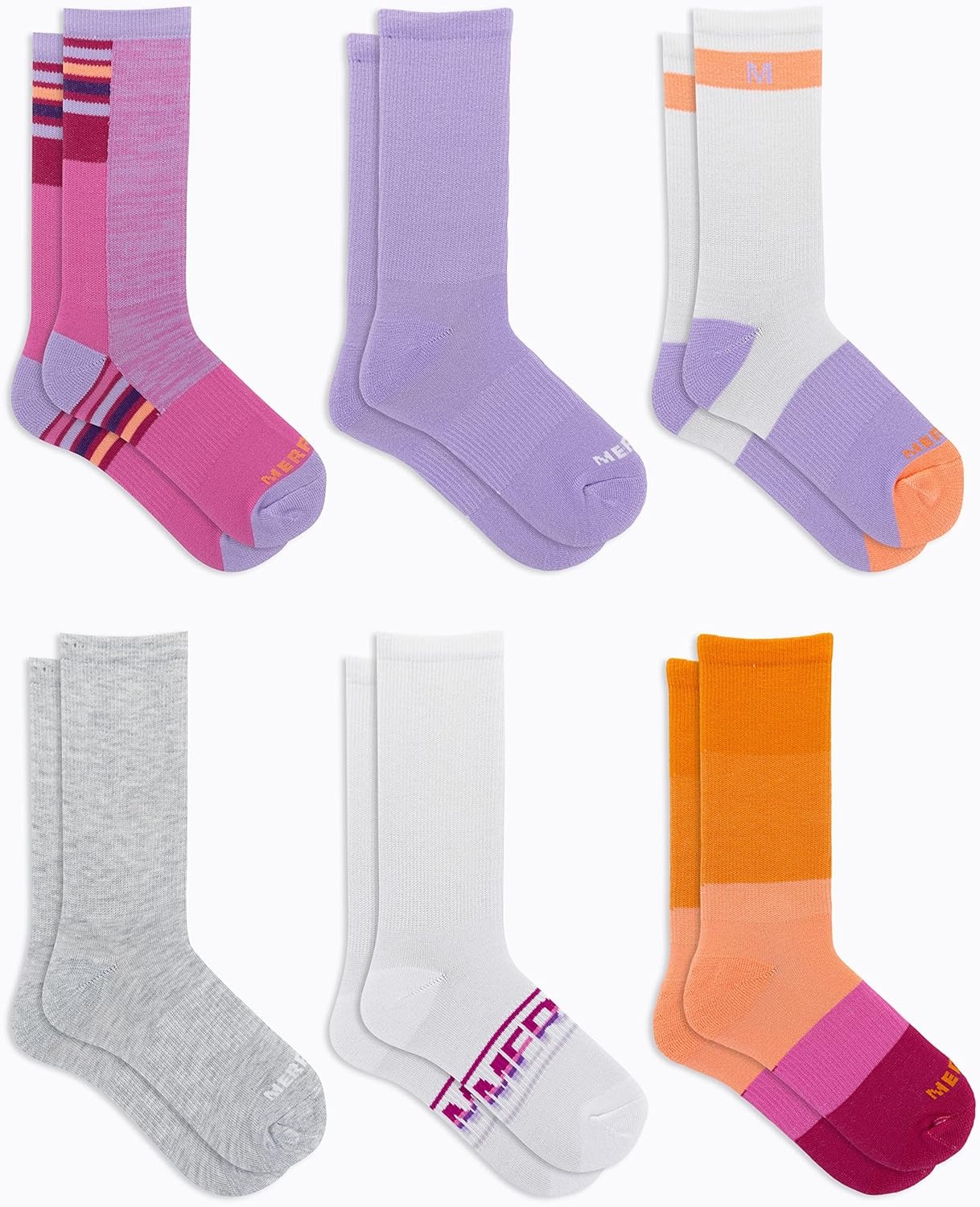 image:imageMerrell Kids Everyday Half Cushion Crew Socks 6 Pair Pack Reinforced Heel and ToePurple Assorted