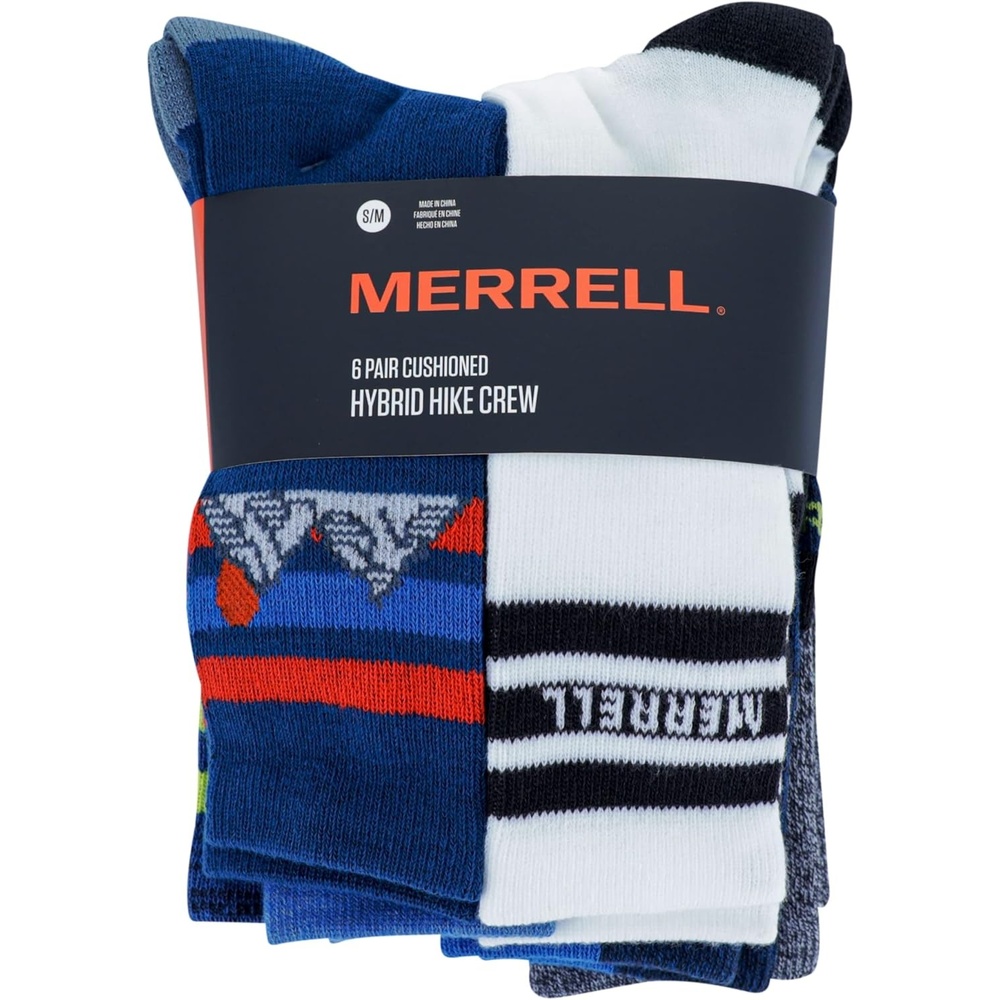 image:imageMerrell Kids Everyday Half Cushion Crew Socks 6 Pair Pack Reinforced Heel and ToeBlue Assorted