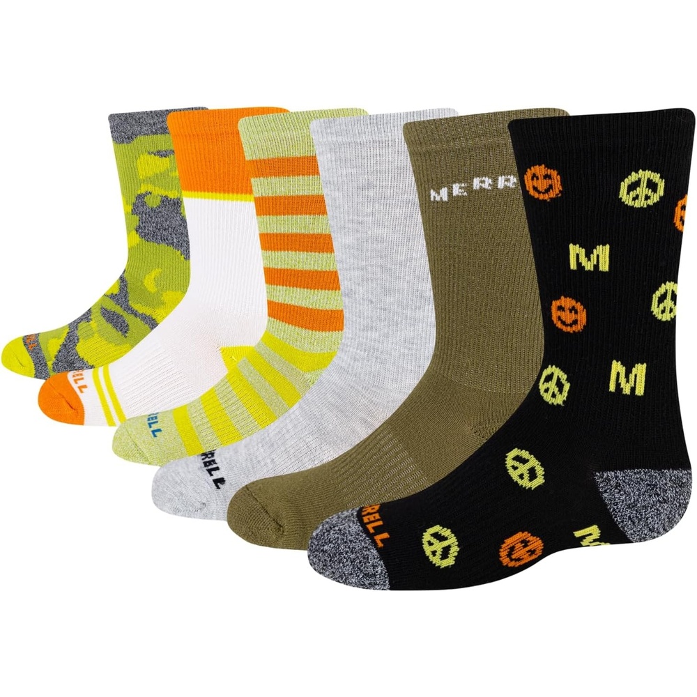 image:imageMerrell Kids Everyday Half Cushion Crew Socks 6 Pair Pack Reinforced Heel and ToeGreen Orange Assorted
